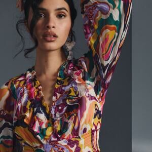 Anthropologie Marais Chiffon Maxi Dress Abstract Watercolor Print*